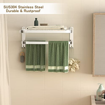 15 Inch Bathroom Towel Rack Towel Shelf with Double Towel Bars Lavatory Wall Mount Holder with Hooks Stainless Steel Hotel Bath Rack - color: Silver 1