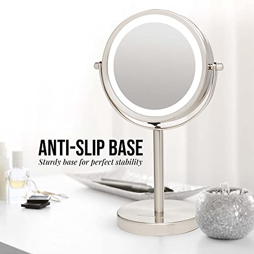OVENTE Lighted Vanity Mirror 6 Inch Table Top 1X 7X Magnification LED 360 Adjustable Double Sided Spinning Personal Makeup Stand Desk Bathroom Battery Powered Round Large Nickel Brushed MLT60BR1X7X - color: Nickel Brushed, size: 11.3"L x 5.9"W (Pack of 2)