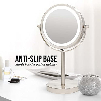 OVENTE Lighted Vanity Mirror 6 Inch Table Top 1X 7X Magnification LED 360 Adjustable Double Sided Spinning Personal Makeup Stand Desk Bathroom Battery Powered Round Large Nickel Brushed MLT60BR1X7X - color: Nickel Brushed, size: 11.3"L x 5.9"W (Pack of 2)