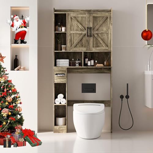 NUNU LAB Farmhouse Bathroom Over The Toilet Storage Cabinet | Storage Cabinet with 2 Barn Door & Toilet Paper Holder Stand for Bathroom Restroom & Laundry - color: Brown, size: 2 Big Barn Doors, 6-Layer Storage