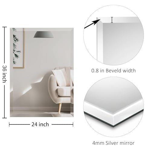 36x24 Frameless Beveled Rectangle Bathroom Mirror | Tempered - color: Rectangular, size: 36"L x 24"W