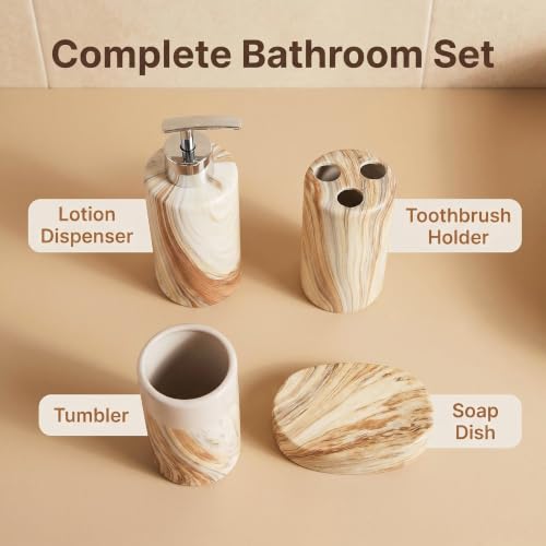 Ceramic Bathroom Accessories Set of 4, Marble Wood Grain Bathroom Vanity Set,Soap Dispenser, Toothbrush Holder, Tumbler & Soap Dish Modern Bathroom Organizer - color: Round Beige
