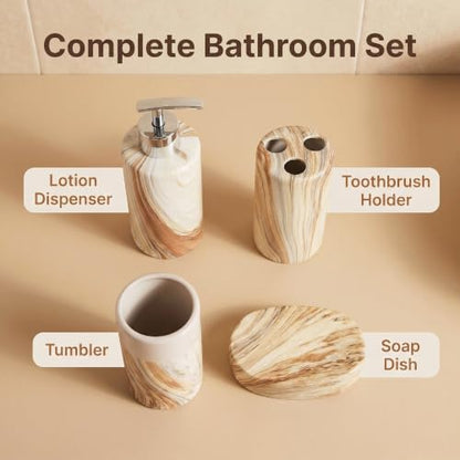 Ceramic Bathroom Accessories Set of 4, Marble Wood Grain Bathroom Vanity Set,Soap Dispenser, Toothbrush Holder, Tumbler & Soap Dish Modern Bathroom Organizer - color: Round Beige