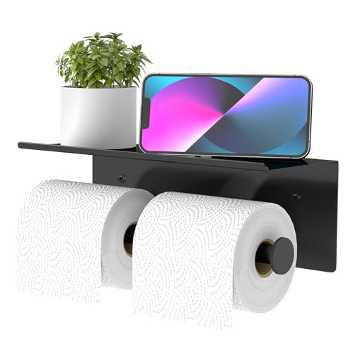 YUMORE Toilet Paper Holder with Shelf, Double Roll Tissue Holder, Black | 304 Stainless Steel, Wall Mounted, Anti-Drop Design, Raised Edge Shelf, Easy Installation, Rust Resistant for bathroom - color: Gloss Black