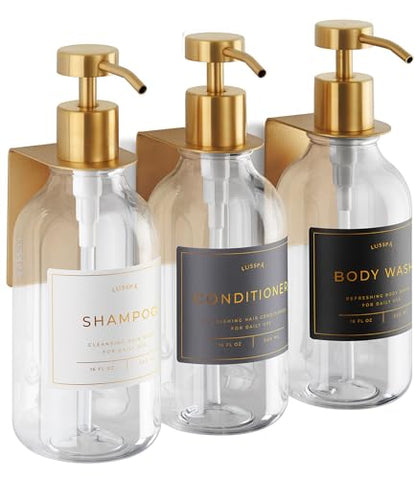 Shower Shampoo Dispenser Wall Mounted – 3 Refillable 16.9 oz Clear Bottles with Stainless Steel Pumps & No-Drill Adhesive Holders – Soap Dispenser Set for Bathroom (3 X Clear/Gold) - color: 3 X Clear/Gold