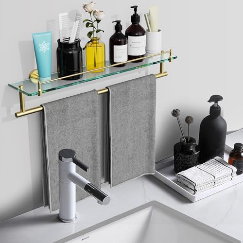 24-Inch Towel Rack with Shelf -Tempered Glass Bathroom Shelf with Towel Bar - Brushed Gold Modern Stainless Steel, Wall Mount Rustproof Tower Holder - color: Brushed Gold, size: 24-inch with Railing