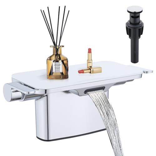 Waterfall Bathroom Faucet, 4 Inch Centerset Bathroom Sink Faucets, 2 Handle Bathroom Faucets for Sink, Modern Rv Lavatory Vanity Faucet with Pop Up Drain and Supply Hoses, Chrome