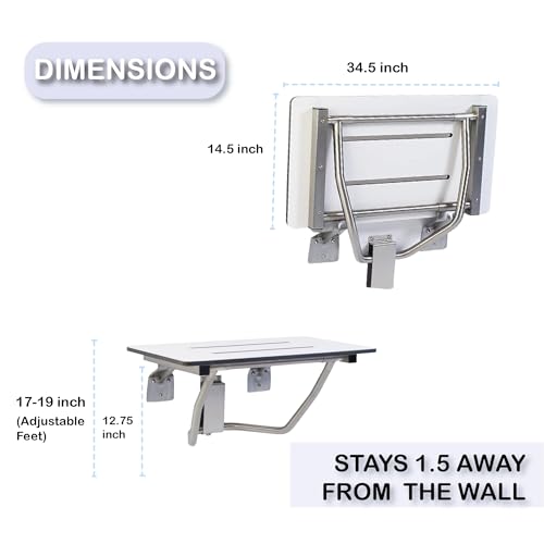 Folding Shower Chair for Elderly and Disabled | ADA Folding Shower Seat Wall Mounted Holds up to 400 lbs | Phenolic Resin Shower Chair for Inside Shower 304 Stainless Steel | 34.5”x16” - size: 34.5 x 16