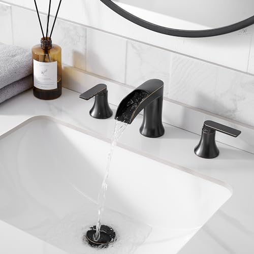 Oil Rubbed Bronze Waterfall Bathroom Faucet 2 Handle, 8 Inch Widespread Bathroom Sink Faucet 3 Hole with Supply Lines, Brass Material for Vanity, Lavatory, Restroom, Farmhouse, NO Pop-up Drain - color: Oil Rubbed Bronze, style: NO Pop Up Drain