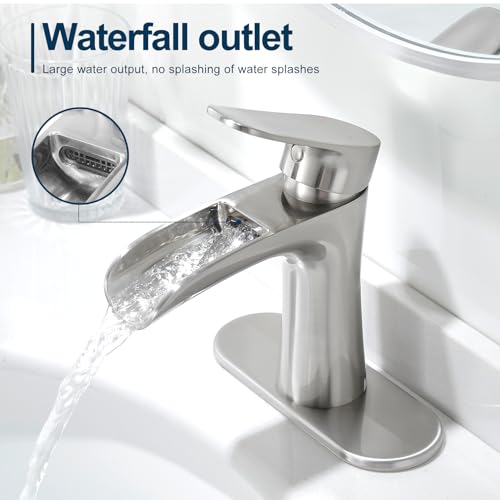 VOTON Bathroom Faucets Brushed Nickel Single Handle Waterfall Sink Faucet One Hole or Three Holes with Deck Mount Vanity Farmhouse RV Vessel Basin Faucet - color: B-Brushed Nickel, style: Without Drain