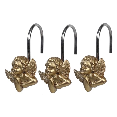Twofish Home Golden Angel Shower Curtain Hooks Anti Rust Shower Curtain Hooks Decorative Resin Golden Angel Shower Curtain Rings Set of 12 - color: Golden Angel