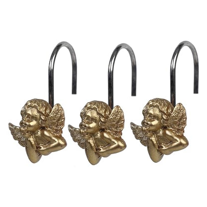 Twofish Home Golden Angel Shower Curtain Hooks Anti Rust Shower Curtain Hooks Decorative Resin Golden Angel Shower Curtain Rings Set of 12 - color: Golden Angel