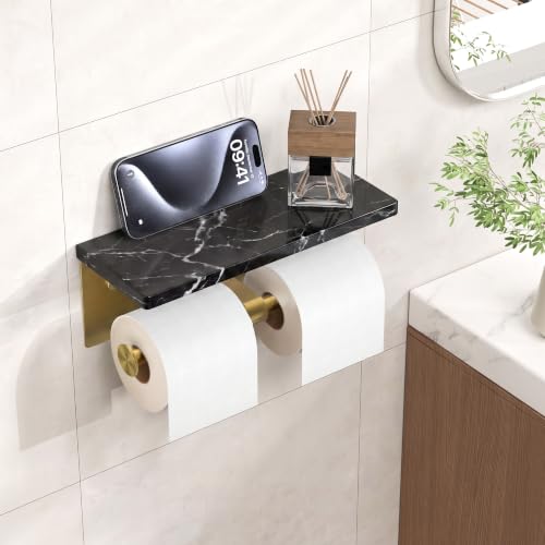FORIOUS Toilet Paper Holder with Shelf, Commercial Toilet Paper Dispensers | Brushed Gold | Wall Mount Bathroom Tissue Holder | SUS304 Stainless Steel Rustproof | Double Tissue Roll Holder - color: Gold-marble
