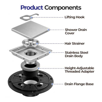 4-inch Square Tile Insert Shower Drain with Flange - SUS 304 Stainless Steel Invisible Floor Drain with Removable Cover and Strainer, Commercial Drain for Bathroom Kitchen, Nickel