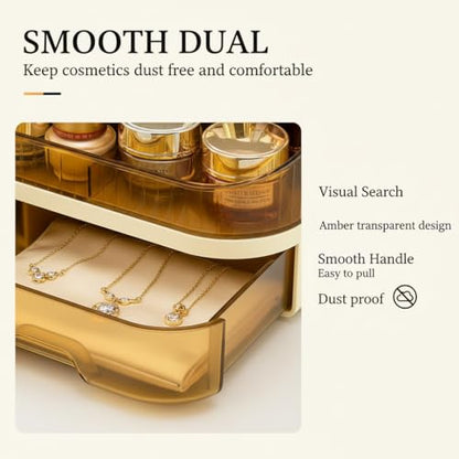 Makeup Organizer Countertop with Dual Drawers | Plastic, Vanity Bathroom Desk, 360° Rotating, Easy Clean, Cosmetic Skincare - color: brown