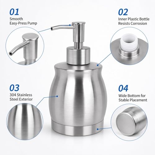 Stainless Steel Countertop Soap Dispenser Liquid Bottle and Pump, Suitable for Various Places Such as Kitchen and Bathroom (Brushed Nickel, 390 ml/13 oz) - color: Silver, size: 390ml