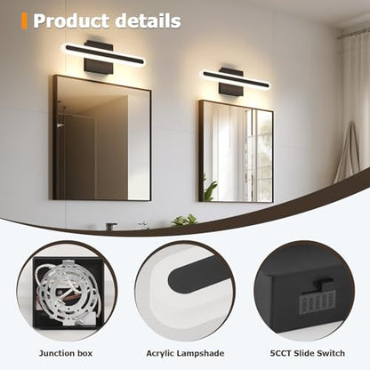 Modern LED Bathroom Vanity Light Fixtures, 5CCT Dimmable Bathroom Light Bar | Hardwired Vanity Light, 15.7-Inch 16W Black Makeup Mirror Lights - color: Black-Dimmable, size: 15.7inch-5CCT