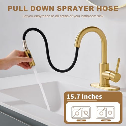 Gold Bathroom Sink Faucet with Pull Down Sprayer | 2 Mode Sprayer, with Deck Plate for 1 or 3 Hole, 360° Swivel, with Pop Up Drain for Vanity Bar RV Basin Laundry - color: Brushed Gold