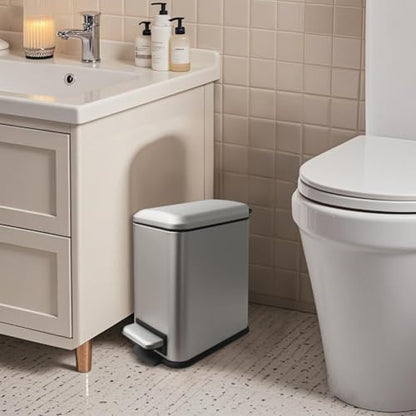 Bathroom Trash Can, Small Trash Can with Lid, Grey Garbage Can | 1.3 Gallon Trash Can with Removable Liner, Soft Close lid & Step Pedal, Stainless Steel Trash Can for Bathroom,Bedroom,Office - color: Grey