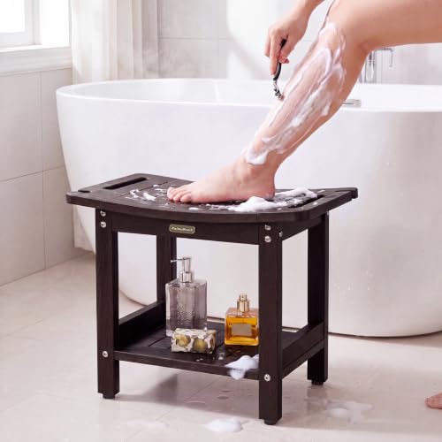 HDPS Shower Bench Waterproof Shower Chair Stool with Storage Shelf, Coffee | Heavy Duty Bathroom Bench Seat with Adjustable Feet, Anti-Rotting, No-Slip, Space-Save, No-Maintenance - color: Coffee