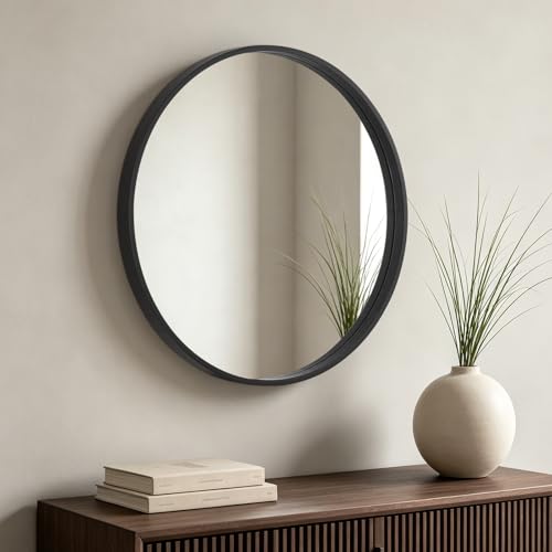 HOMECOOKIN Round Wood Mirror 24 inch Circle Mirror, Rustic Farmhouse Wooden Framed Decorative Wall Decor, Vanity Wall Mirror for Bathroom, Bedroom, Entryway, Living Room (Black) - color: Black, size: 24"L x 24"W