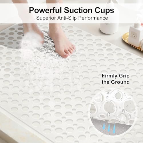Bathtub Mat and Shower Mat Non Slip: 30 x 17 inch Soft TPE Bath Tub Mat with Suction Cups and Drain Holes, Anti Slip Shower Mats for Inside Shower, Machine Washable, Easy to Dry&Cut - color: White, size: 30" x 17" (Rectangular)