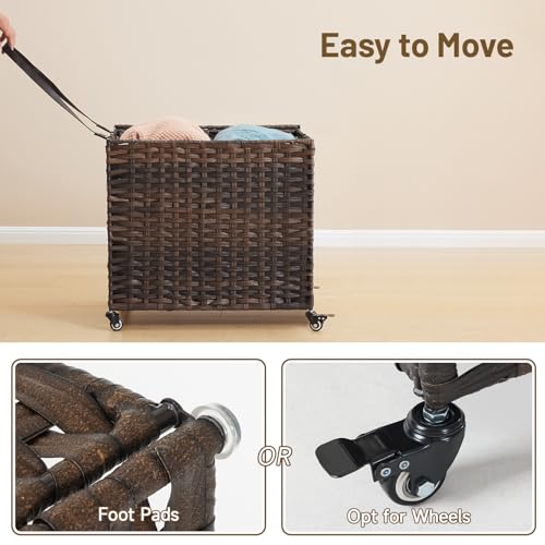 Laundry Hamper with Wheels, 34.3 Gallon(130L) Rolling Laundry Basket with Lid, Removable Large 2 Color Liners & 3 Mesh Laundry Bags, Clothes Hamper with Side Pocket, Brown - color: Brown, size: 23.62"L x 15.75"W x 21.65"H
