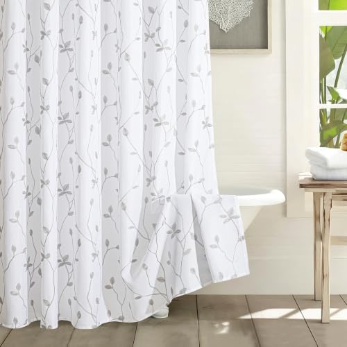 Embroidered Leaf Farmhouse Shower Curtain,Faux Linen,72Wx72L,White Grey | Boho Modern Shower Curtain Set, Washable & Waterproof Fabric, Floral Shower Curtains for Bathroom with Hooks - color: White Grey
