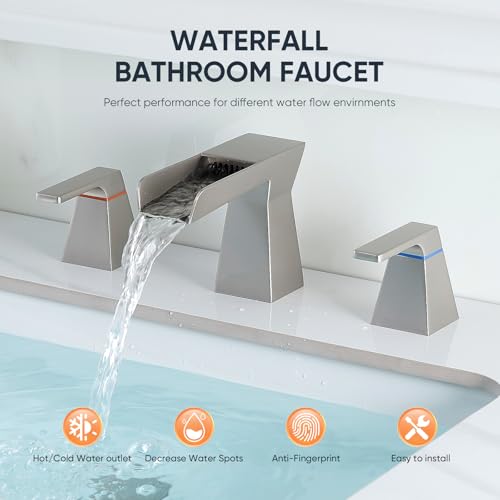 Brushed Nickel Waterfall Bathroom Faucet for 3-Hole Sinks 8 Inch Widespread Vanity Faucet with Modern Trapezoid Design, Two Handles, Pop-Up Drain & Hoses - color: C - Brushed Nickel
