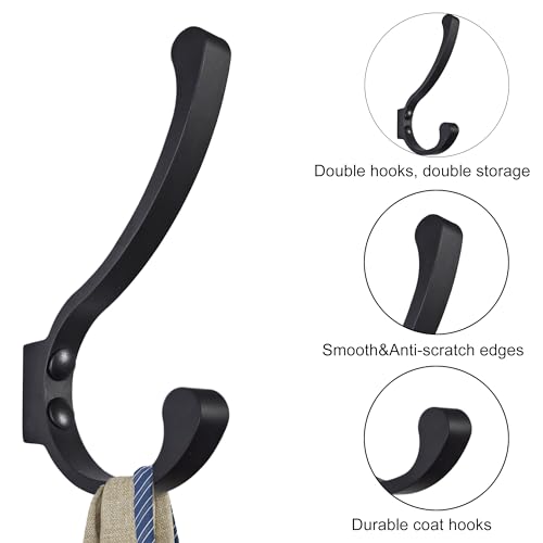 Coat Hooks for Wall, Heavy Duty Large Wall Hooks for Hanging Wall Mounted Metal Robe Hooks Utility Hooks for Coat, Scarf, Bag, Towel, Key, Cap, Cup, Hat (Black, 6 Pack)