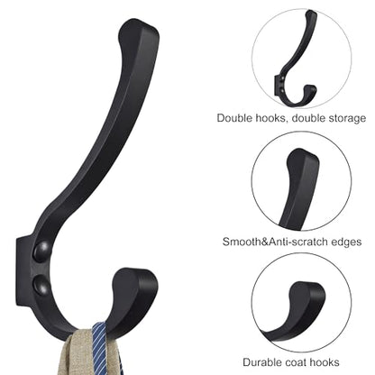 Coat Hooks for Wall, Heavy Duty Large Wall Hooks for Hanging Wall Mounted Metal Robe Hooks Utility Hooks for Coat, Scarf, Bag, Towel, Key, Cap, Cup, Hat (Black, 6 Pack)