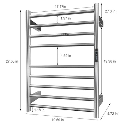 Electric Towel Warmer Rack Wall Mounted, Brushed Stainless Steel | for Bathroom, 9 Bars with Timer and Smart Control, Left or Right Side Plug-in/Hardwired, 304 Stainless Steel Brushed Nickel - color: Brushed Stainless Steel
