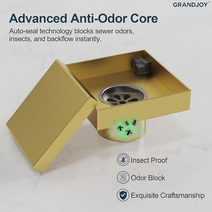 4 Inch Square Shower Floor Drain, SUS304 Stainless Steel with X-Shaped High Flow Channel, Anti-Clogging Hair Strainer, No Hub Required, Brushed Gold - color: Brushed Gold, size: 4