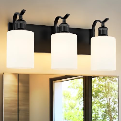Black Vanity Light, 3-Light Bathroom Light Fixture, Modern Wall Sconce with Milk Glass, VL01BKW-3 - color: Black & Milk Glass, size: 3 LIGHT