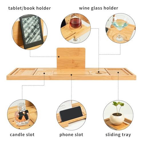 Utoplike Bamboo Bathtub Tray Caddy for Tub, Bath Table Bathroom Organizer | Adjustable, with Book Tablet Stand, Wine Glass Cup, 2 Sliding Towel Holder