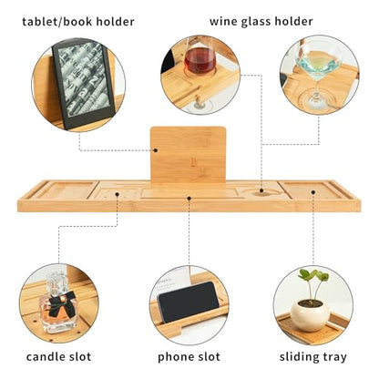 Utoplike Bamboo Bathtub Tray Caddy for Tub, Bath Table Bathroom Organizer | Adjustable, with Book Tablet Stand, Wine Glass Cup, 2 Sliding Towel Holder