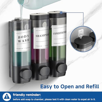 Shampoo and Conditioner Dispenser Shower Dispenser Body Wash Wall Mounted Shampoo Dispenser for Shower Wall No Drill for Bathroom Hotel 3 Chamber x 300ml Black with Waterproof Labels - color: Black 3