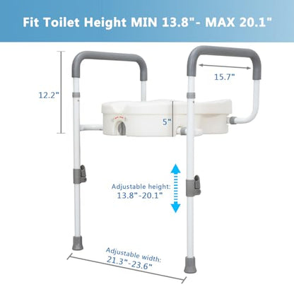 Raised Toilet Seat with Handles for Seniors, 5-inch Rise | Toilet Seat Risers for Seniors with Handles and Padded Arms, Elevated Seat for Handicap, Fits Standard & Elongated Commodes