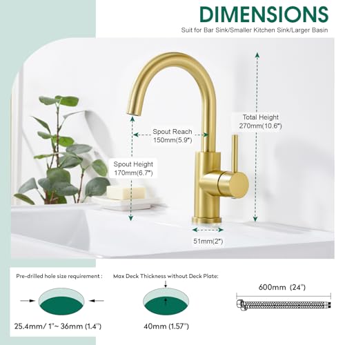 CREA Bar Sink Faucet Single Hole,Brushed Gold Faucets for Large Bathroom Basin/Small Kitchen Sink,Stainless Steel with Deck Plate,Prep Wet Bar Lavatory Vanity Outdoor - color: Gold