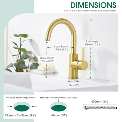 CREA Bar Sink Faucet Single Hole,Brushed Gold Faucets for Large Bathroom Basin/Small Kitchen Sink,Stainless Steel with Deck Plate,Prep Wet Bar Lavatory Vanity Outdoor - color: Gold
