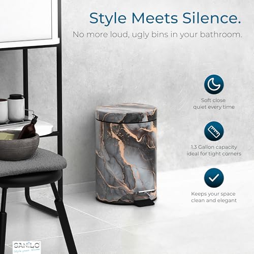 Sanilo Small Bathroom Trash Can with Lid [1.3 Gallon], Lidded Tiny Trashcan for Garbage, Mini Metal Bin with Soft Closing Mechanism, Bath Room Accessoire Wastebin with Inner Bucket (Marble Abstract) - color: Marble Abstract