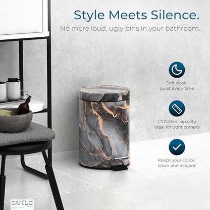 Sanilo Small Bathroom Trash Can with Lid [1.3 Gallon], Lidded Tiny Trashcan for Garbage, Mini Metal Bin with Soft Closing Mechanism, Bath Room Accessoire Wastebin with Inner Bucket (Marble Abstract) - color: Marble Abstract