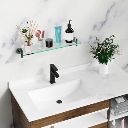 Glass Shelves for Bathroom,16-Inch Matte Black Floating Bathroom Shelf Stainless Steel Tempered Glass Shelf Modern Shelves wall Mounted - color: Matte Black, size: 16"without railing