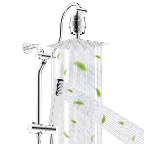 Hibbent All Metal 10'' Filtered Rainfall Shower Head, High Pressure Showerhead combo with 4-mode Handheld Spray, 12'' Extension Arm, Extension Bar with Holder, Shower Filter, Chrome - color: Chrome, style: Square 10'' with Filter