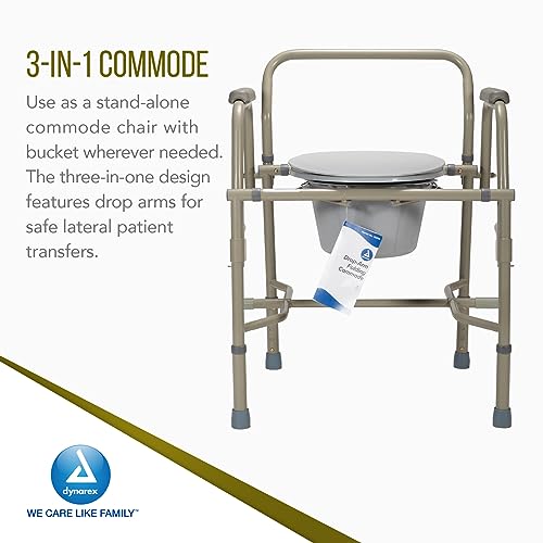 Dynarex Drop-Arm Folding Commode is a 3 in 1 Portable Toilet with Drop Arms for Increased User Safety, Use Free Standing, Grey, 1 Drop-Arm Folding Commode - size: Drop-Arm