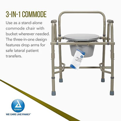 Dynarex Drop-Arm Folding Commode is a 3 in 1 Portable Toilet with Drop Arms for Increased User Safety, Use Free Standing, Grey, 1 Drop-Arm Folding Commode - size: Drop-Arm