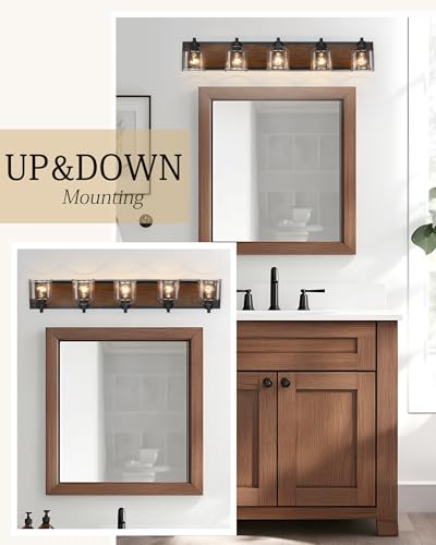 5-Light Bathroom Vanity Lights Large 40" with Bubble Glass Shades | Farmhouse Rustic style, Hand-Painted Brown Wood-Grain Metal Backplate, E26 Ceramic Socket, UL&ETL, mount up/down, over mirror - color: Brown, size: 5-Light