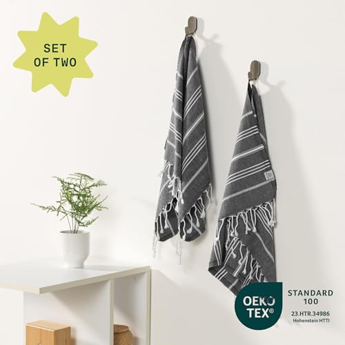WETCAT Turkish Hand Towels with Hanging Loop, Set of 2 (20" x 30") 100% Turkish Cotton, Pre-Washed, Quick Drying, for Kitchen or Bathroom - Black - color: Black