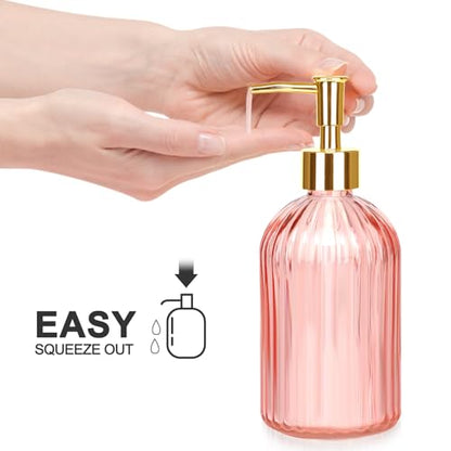 Haturi Bathroom Accessories Set, 4 Pcs Pink Glass Bathroom Accessories Sets Complete w/Lotion Soap Dispenser, Toothbrush Holder, Apothecary Jar, Vanity Tray, Bathroom Decor, Gift for Home Apartment | Kit w/ Bathroom Soap Dispenser Set, Toothbrush Holder,