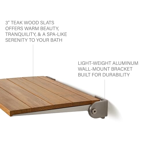 Seachrome18 inch Silhouette Slimline Folding Wall Mount Shower Bench Seat, Natural Teak Wood with Silver Frame - color: Teak Wood With Silver Frame